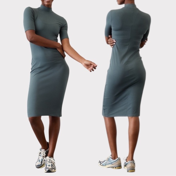 NEW! ATHLETA Signature Ribbed Dress XL Grey Mock
Neck Short Sleeve Fitted - Picture 1 of 4